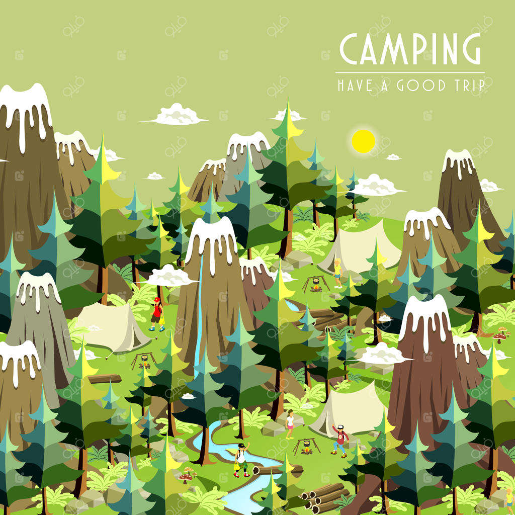 مفهوم کمپینگ به صورت طراحی ایزومتریک سه‌بعدی