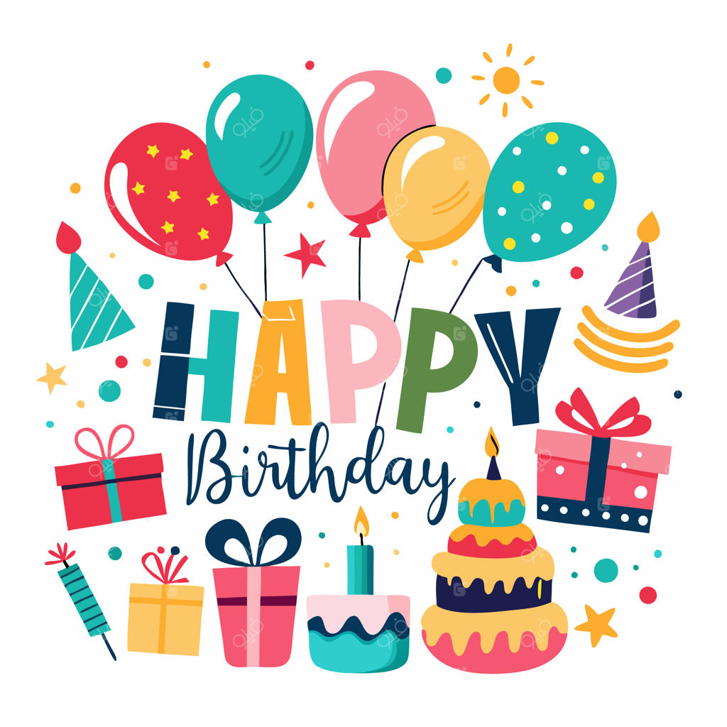 کارت تبریک تولد رنگارنگ با بادکنک، کیک و هدیه