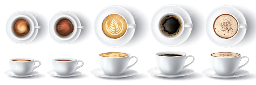 فنجان قهوه: رسترتو داغ واقعی، اسپرسو، فوم آمریکانو، لاته و کاپوچینو با خامه در فنجان‌ها. نمای جلو و بالا؛ مجموعه وکتور سه‌بعدی. تصویر مایع معطر در فنجان، شبیه‌سازی واقع‌گرایانه.