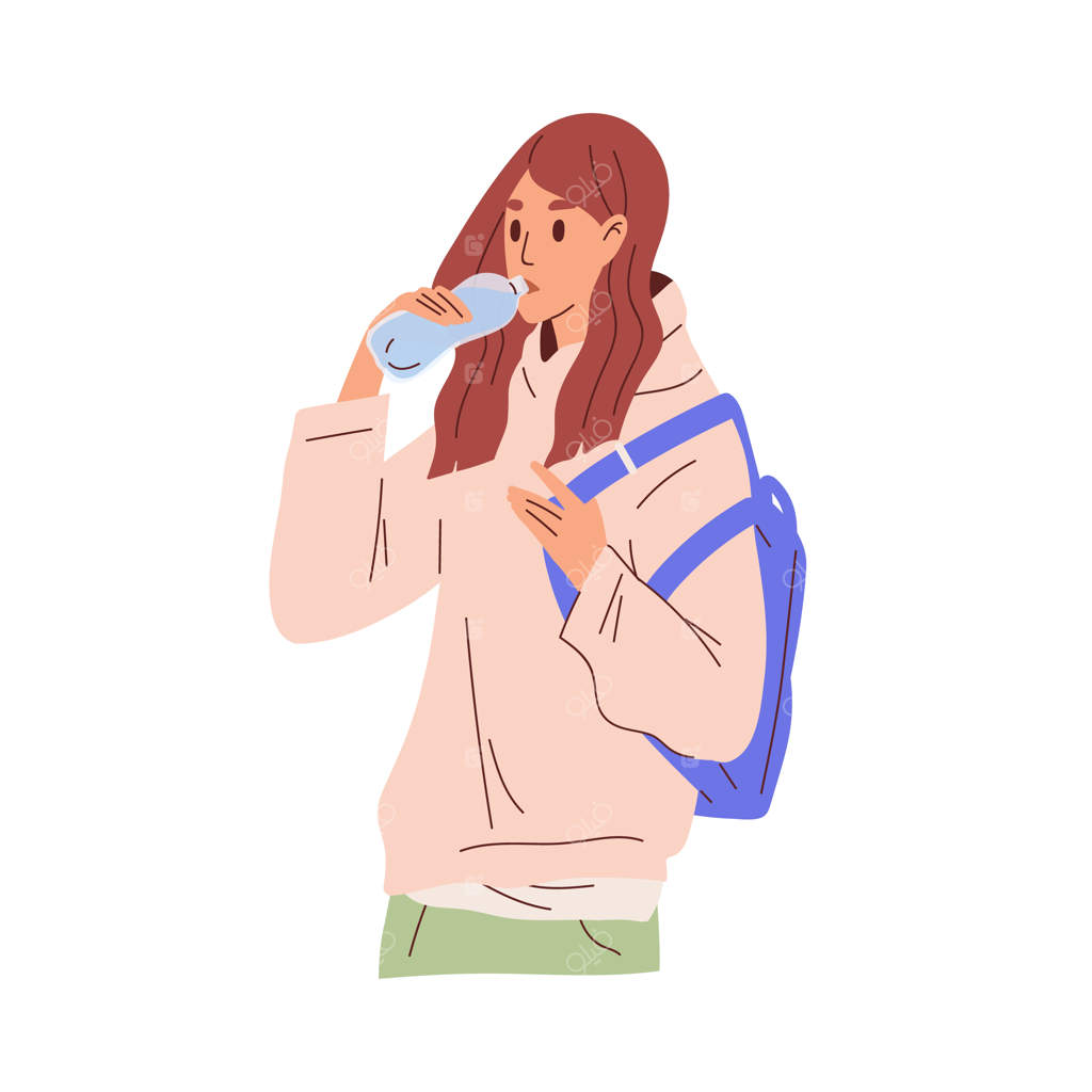 زنی جوان در حال نوشیدن آب از بطری پلاستیکی. شخصیت زنی تشنه که با آب گوارا ایستاده. مفهوم سلامتی با رفع تشنگی. تصویرسازی ساده وکتور، جدا شده بر روی پس‌زمینه سفید.