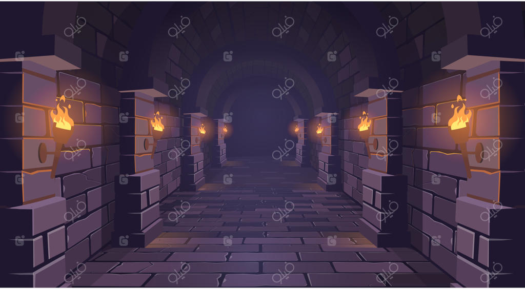 راهروی طولانی و قرون وسطایی سیاه‌چال با مشعل‌ها درون کاخ باستانی با طاق سنگی