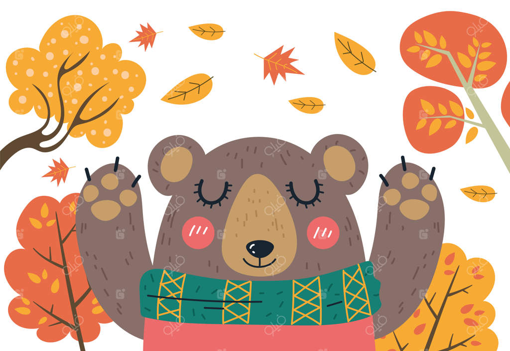 شخصیت خرس دوست‌داشتنی در حال قدم‌زدن در جنگل پاییزی با پلیور گرم - عنصر طراحی گرافیک