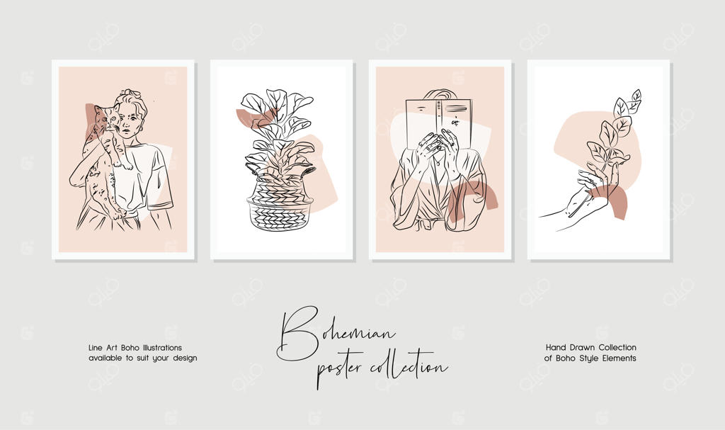 مجموعه وکتور دیوارکوب بوهمی با طراحی خطی گیاهی و اشکال انتزاعی