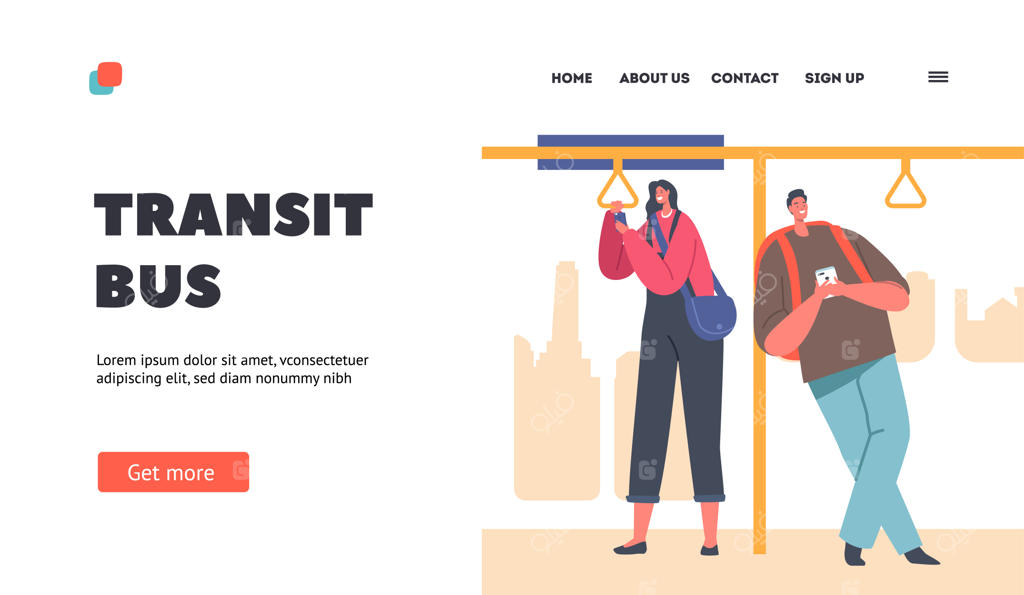 قالب صفحه فرود اتوبوس شهری: مسافران زن و مرد در حمل و نقل عمومی