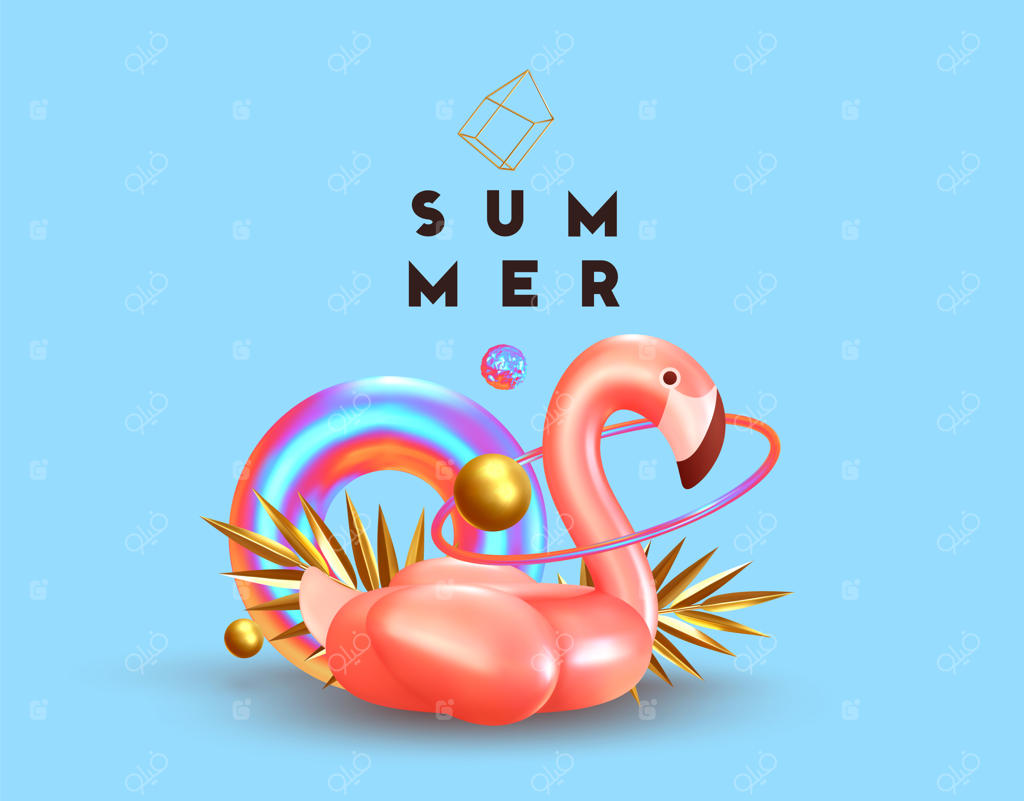 پس‌زمینه انتزاعی تابستانه با فلامینگوی سه‌بعدی صورتی، حلقه شنای رنگین، توپ‌ها و حلقه‌های طلایی، برگ‌های نخل طلایی. بنر و پوستر مدرن.