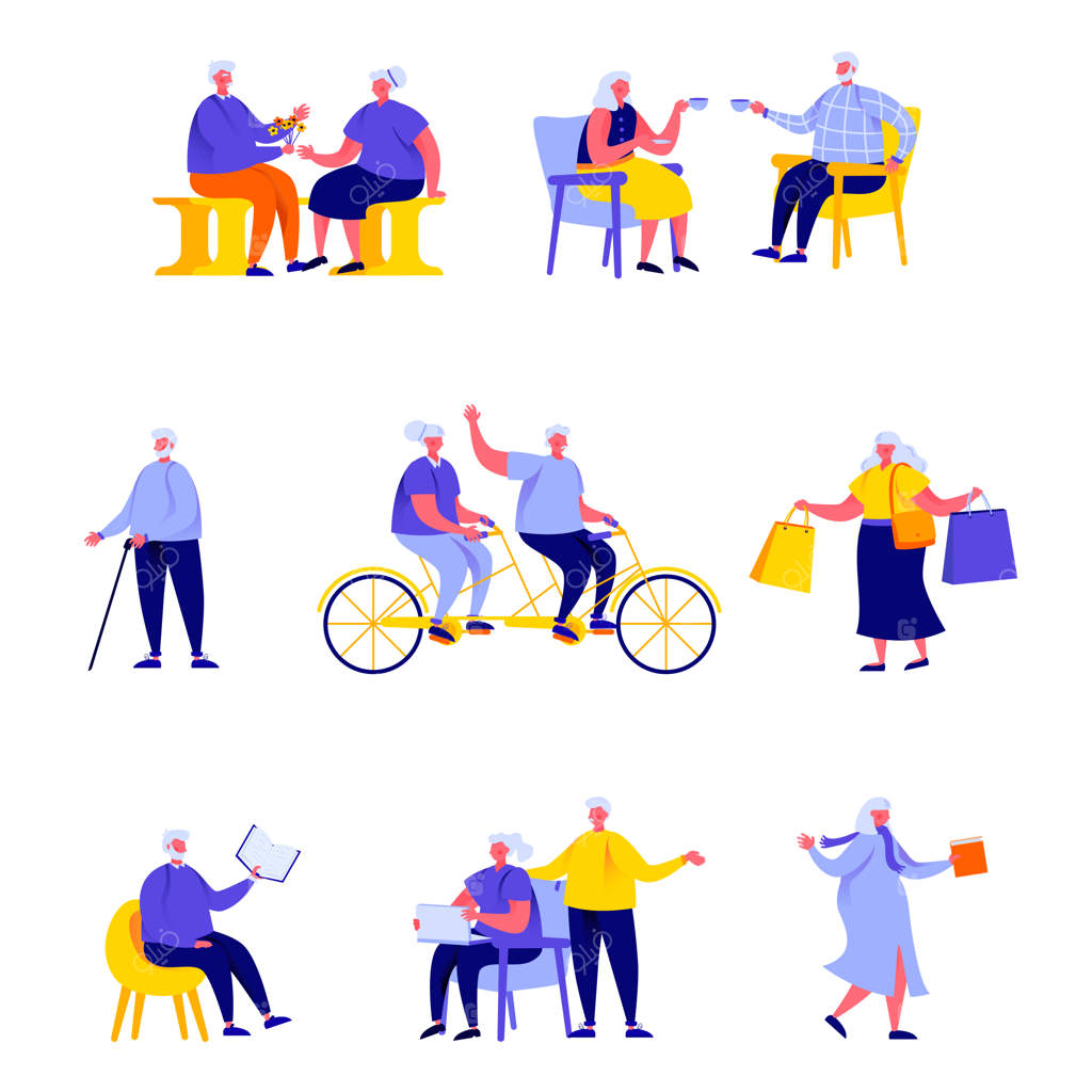 مجموعه‌ای از افراد مسن شاد در حال انجام فعالیت‌های روزمره