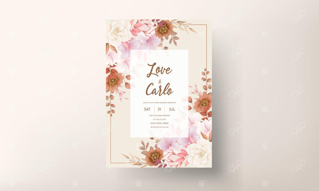 کارت دعوت عروسی شیک با طرح دستی گل‌های قهوه‌ای رومانتیک