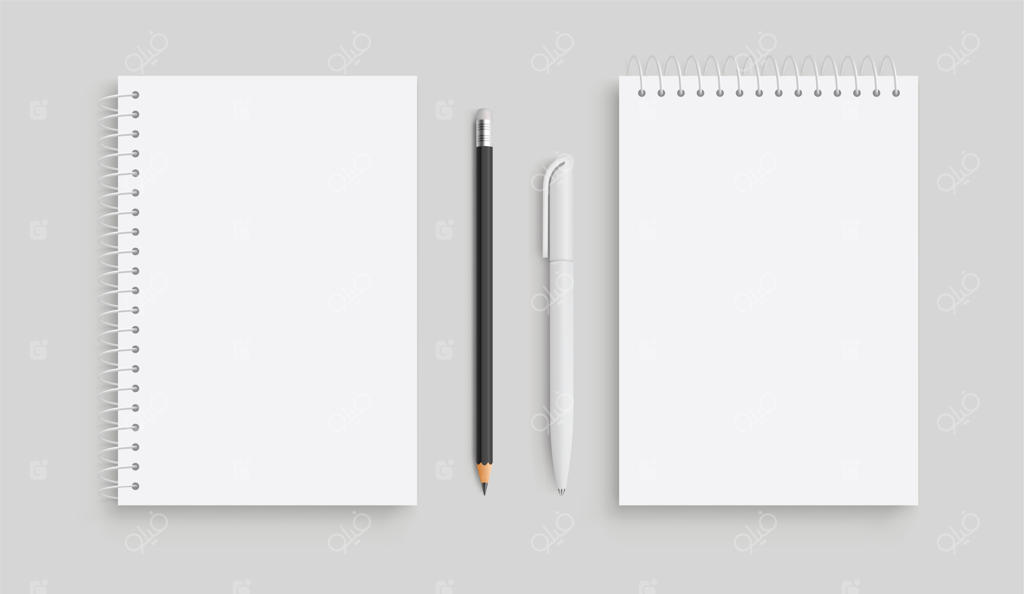 وکتور دفترچه یادداشت، مداد سفید و خودکار با طراحی واقعی، نمای روبرو