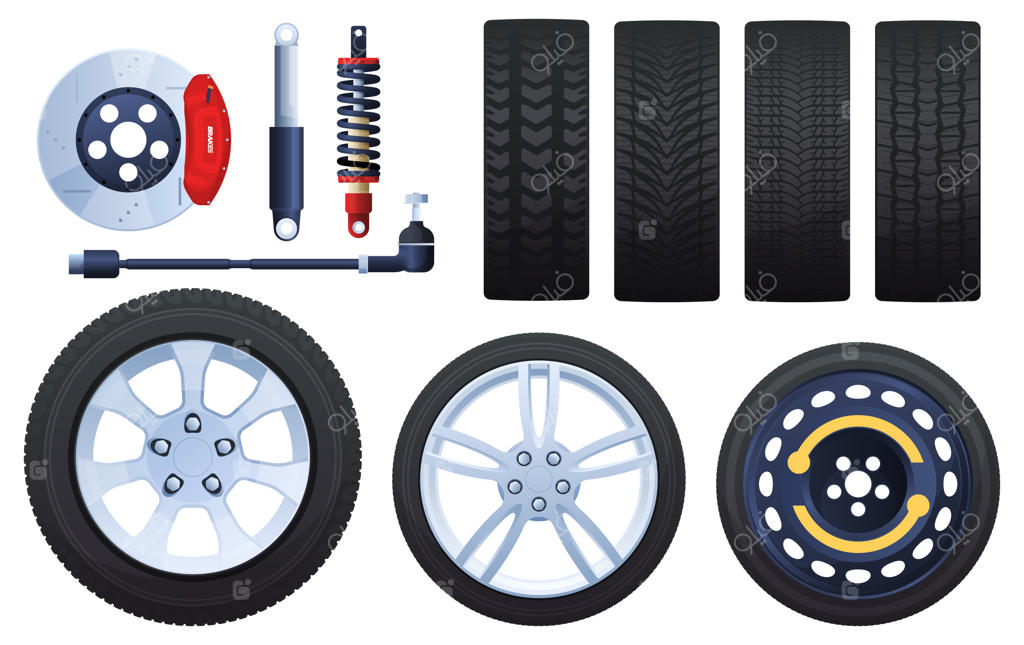 مجموعه چرخ‌ها، ترمزها، کمک‌فنرها و تایرها. محافظ‌های مختلف. ایزوله شده بر روی زمینه سفید.