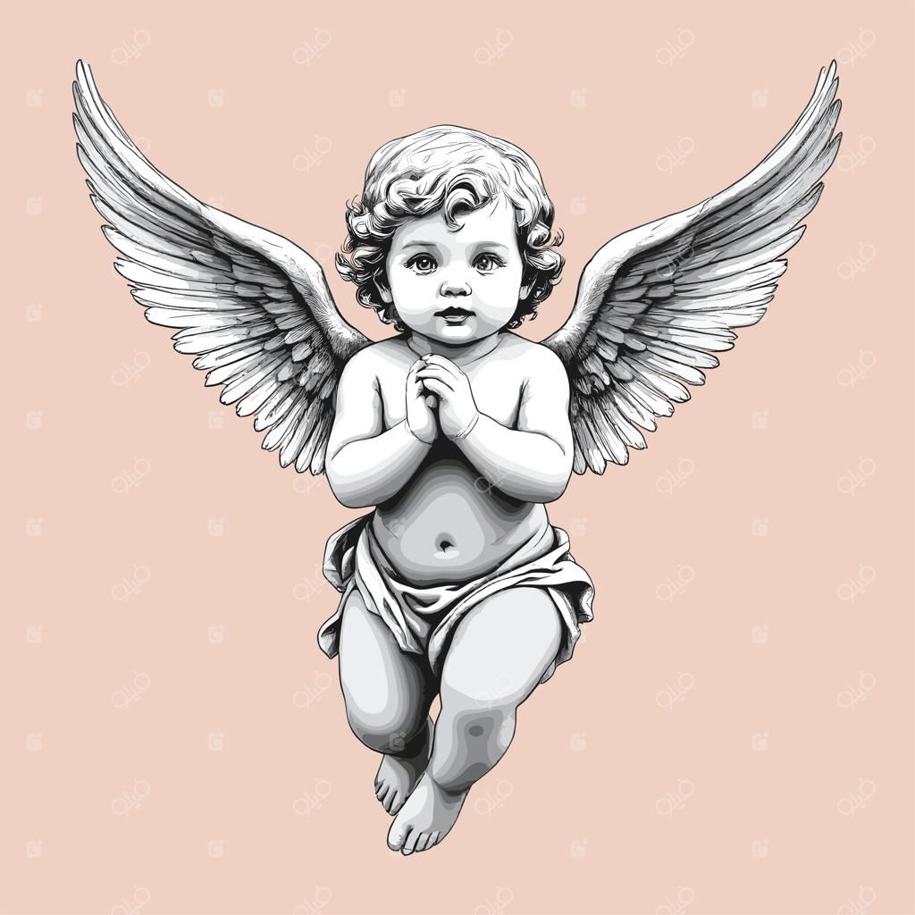 نقاشی فرشته با بال و پاپیون سفید