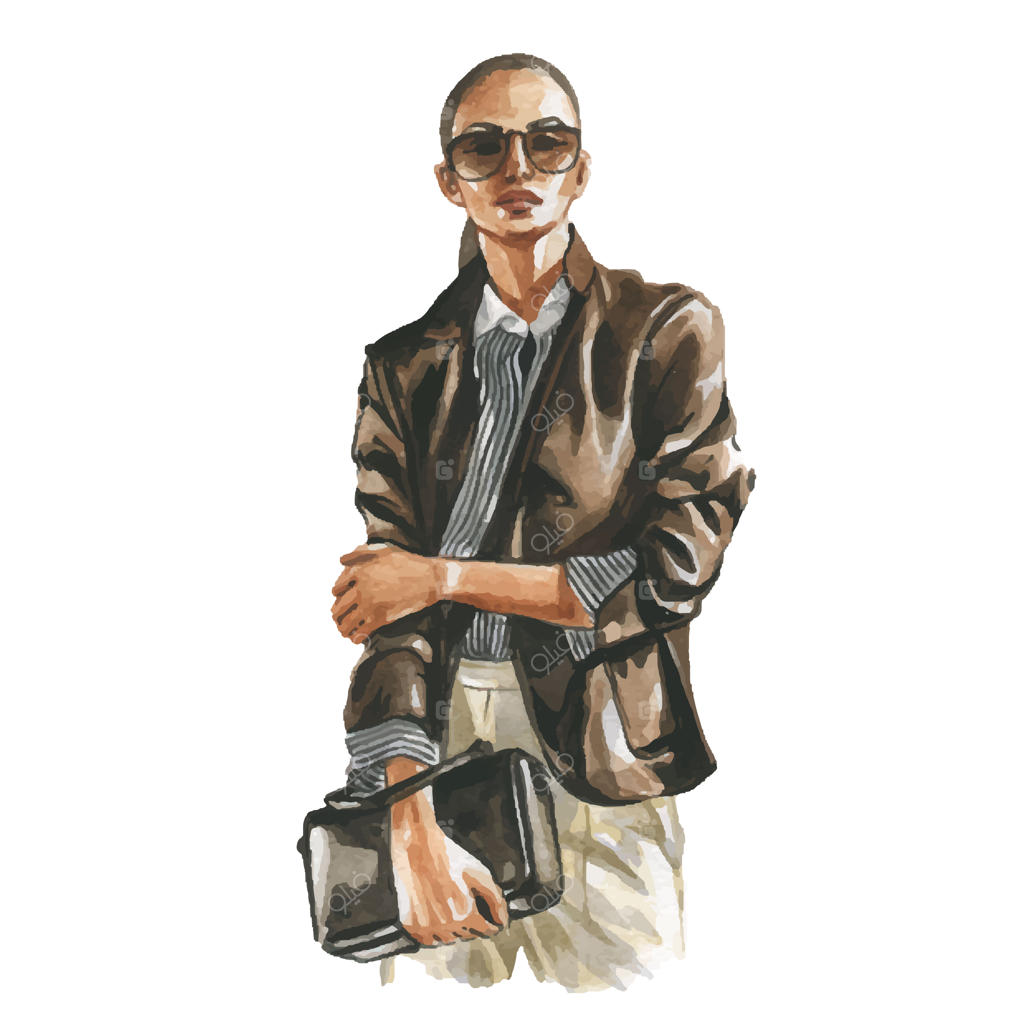 تصویرسازی آبرنگی مد از زنی با لباس رسمی و فنجان قهوه در دست، طراحی دستی یک لباس شیک و لوکس