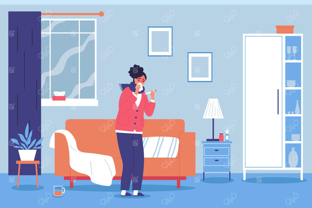 تصویر زمینه آنفولانزا با زنی بیمار در خانه و دمای بالا و آب‌ریزش بینی، نقاشی وکتور