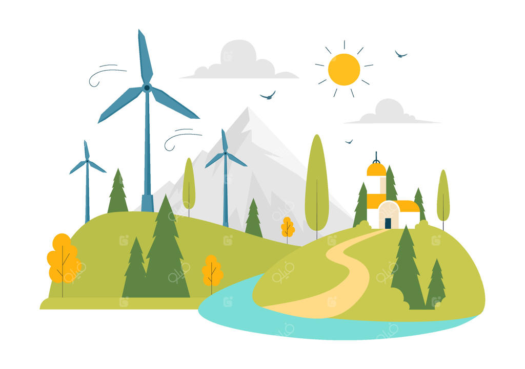 تصویرسازی توربین بادی دوستدار محیط‌ زیست با عناصر طبیعت و انرژی تجدیدپذیر