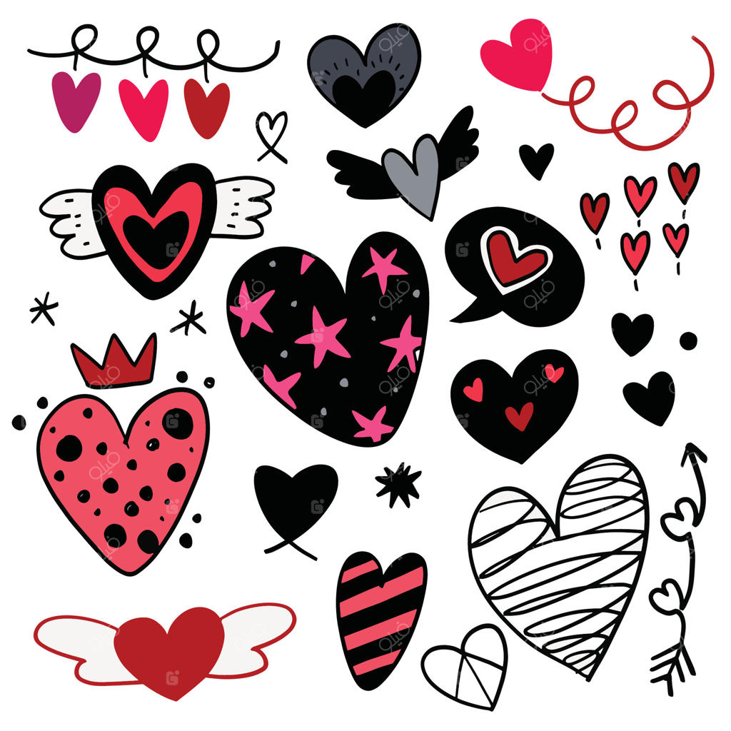 طراحی‌های دستی قلب برای روز ولنتاین روی زمینه سفید