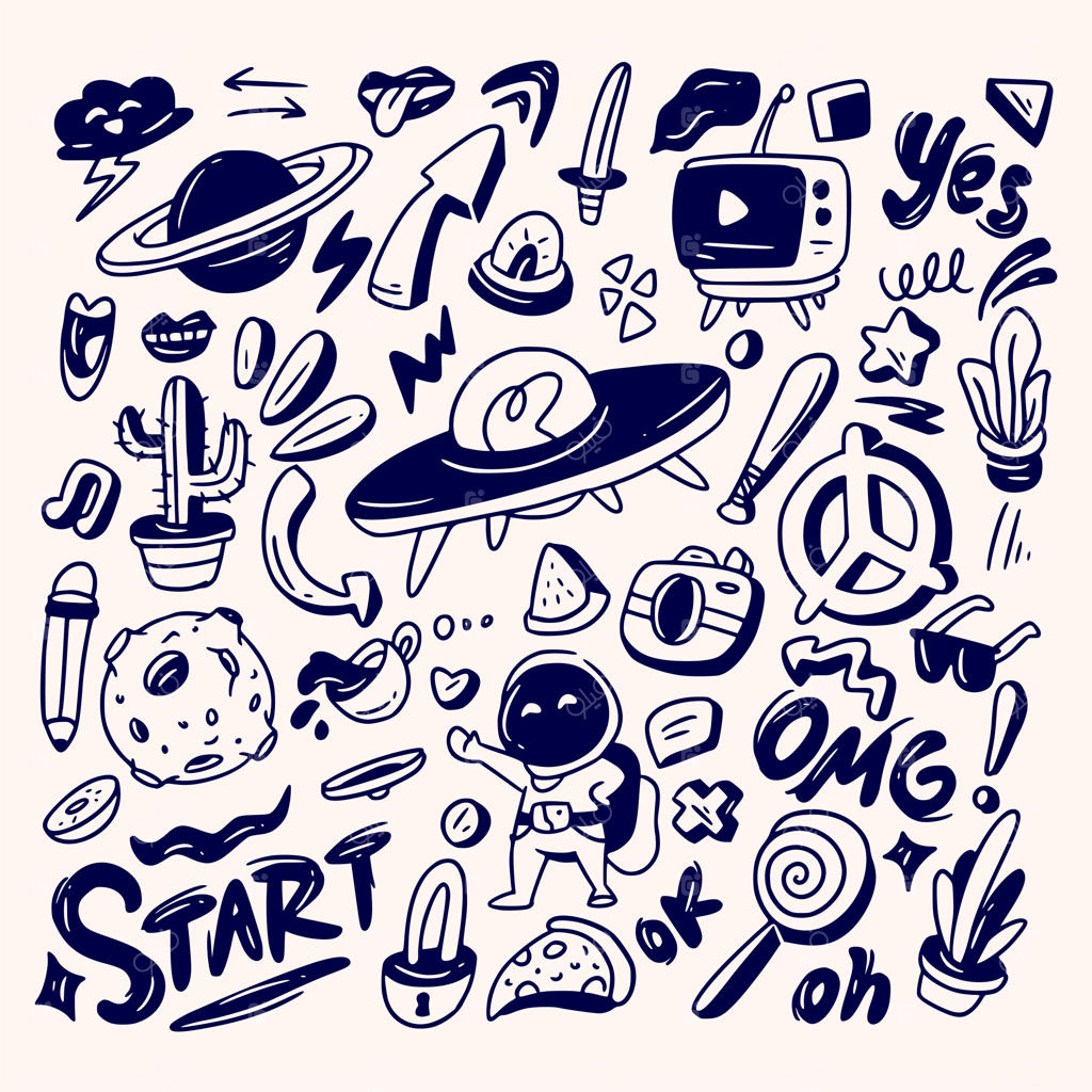 مجموعه آیکون‌های خط‌خطی انتزاعی و عناصر رنگ‌آمیزی دستی دستیافته‌های خلاقانه