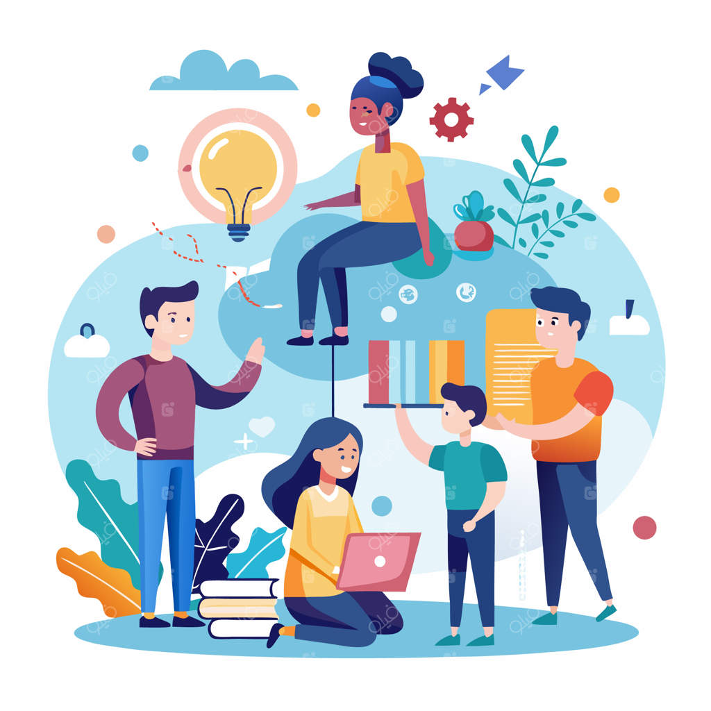 چهار فرد متنوع که بر روی پروژه‌ای با نمادی از یک ایده همکاری می‌کنند