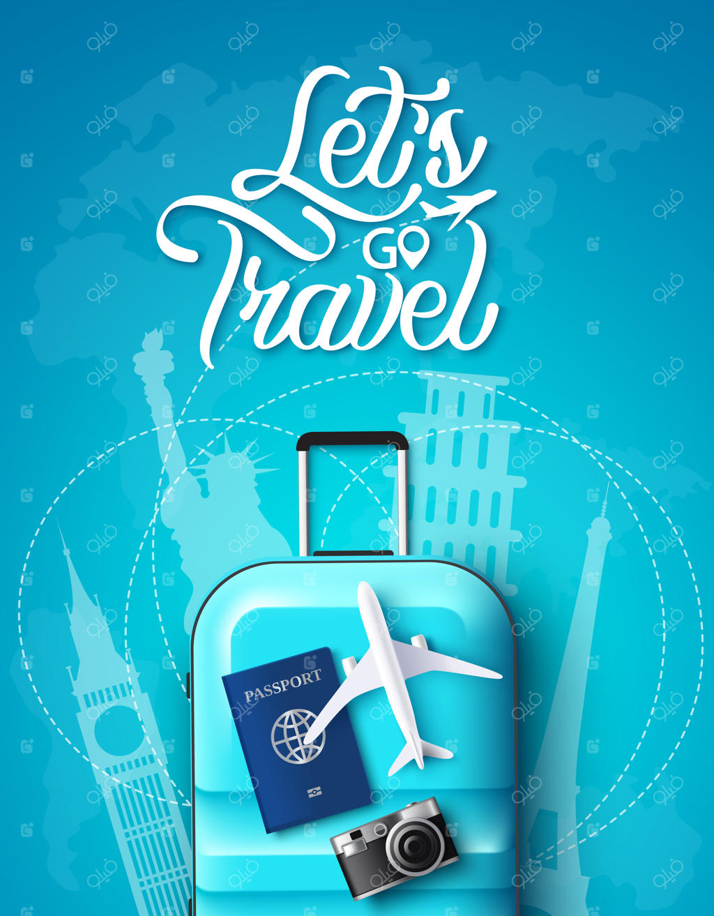 طراحی پوستر سفر: متن "بیا بریم سفر" با چمدان، پاسپورت و دوربین در مقصد