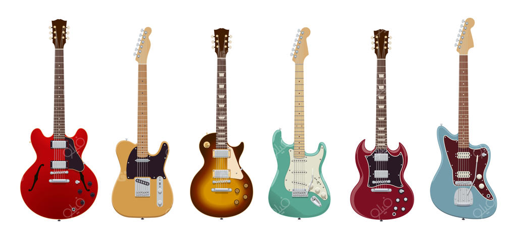 مجموعه گیتار: گیتارهای الکتریک واقعی بر روی پس‌زمینه سفید. سازهای موسیقی. تصویرسازی وکتور. مجموعه‌ای از گیتارها
