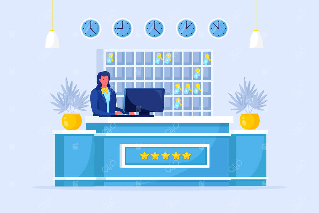 فضای داخلی میز پذیرش هتل با مسئول پذیرش. لابی هاستل با پرسنل. مفهوم خدمات اقامتی