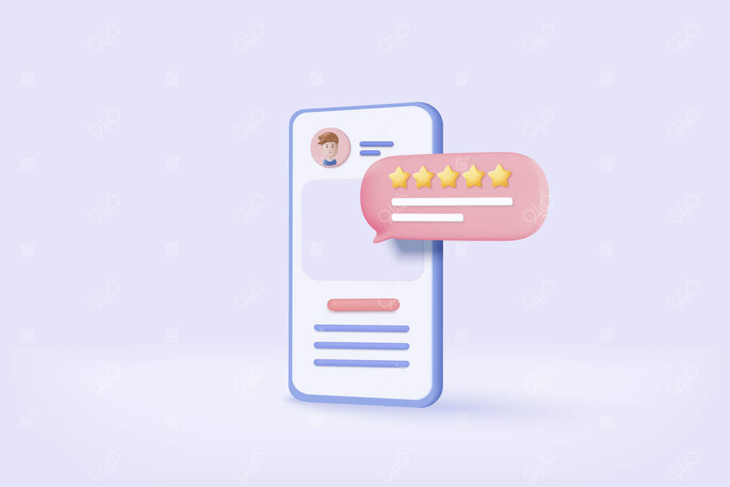 امتیازدهی 5 ستاره برای بررسی و نظر مشتریان در مورد کیفیت تلفن همراه - مفهوم بررسی و چک لیست محصول در تصویر سه‌بعدی