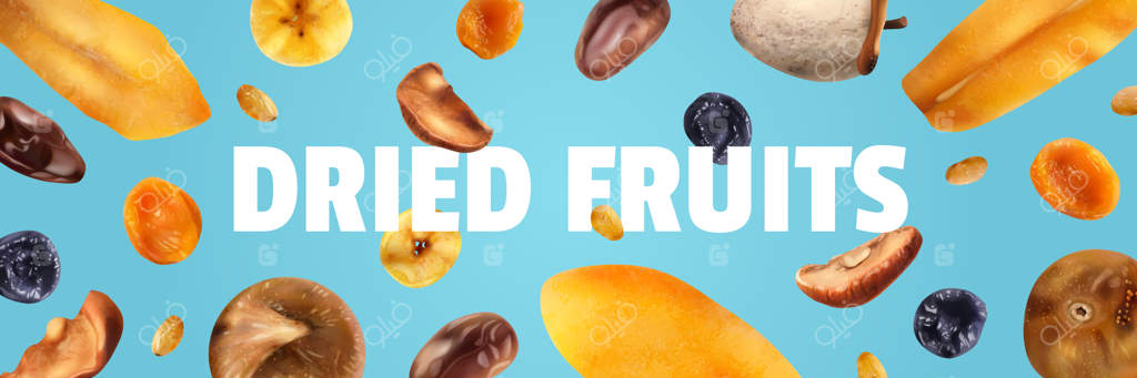 پوستر افقی رنگارنگ وکتور از میوه‌های خشک برای تغذیه سالم با ترکیب متفاوت بر روی پس‌زمینه آبی