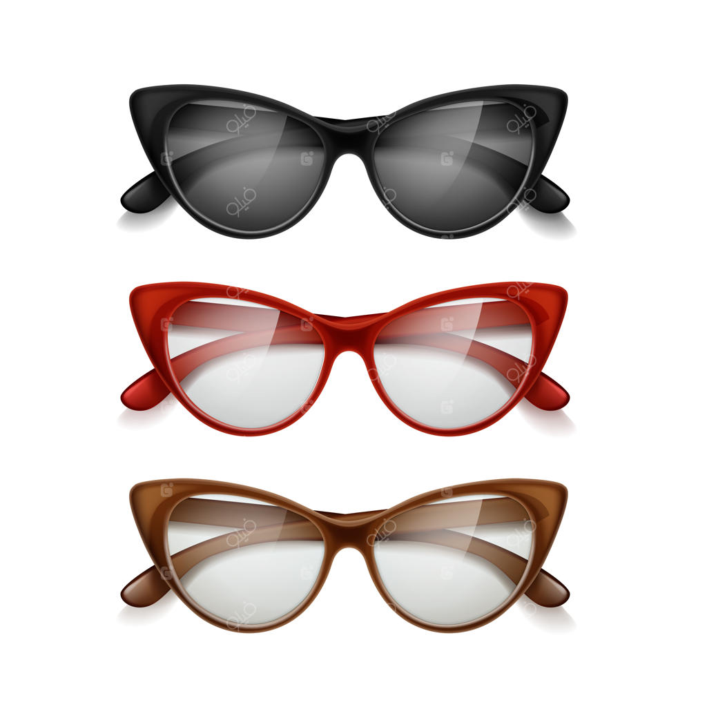 مجموعه‌ای از عینک آفتابی زنانه رنگارنگ به سبک رترو بر روی زمینه سفید