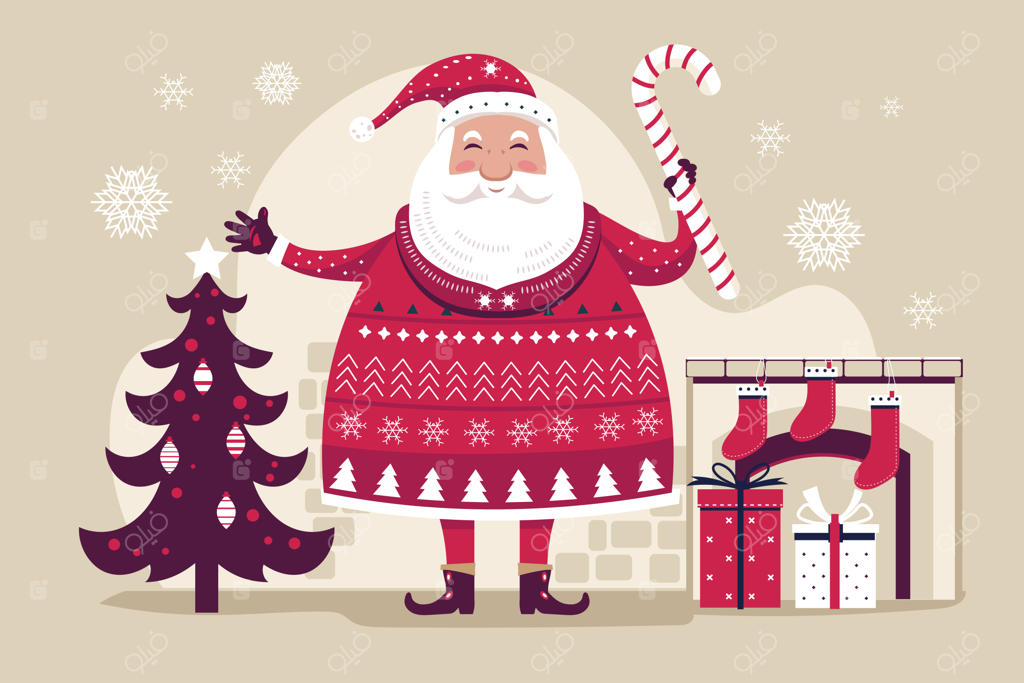 بابا نوئل خنده‌دار با آبنبات کریسمس و پس‌زمینه‌ای از عناصر کریسمس