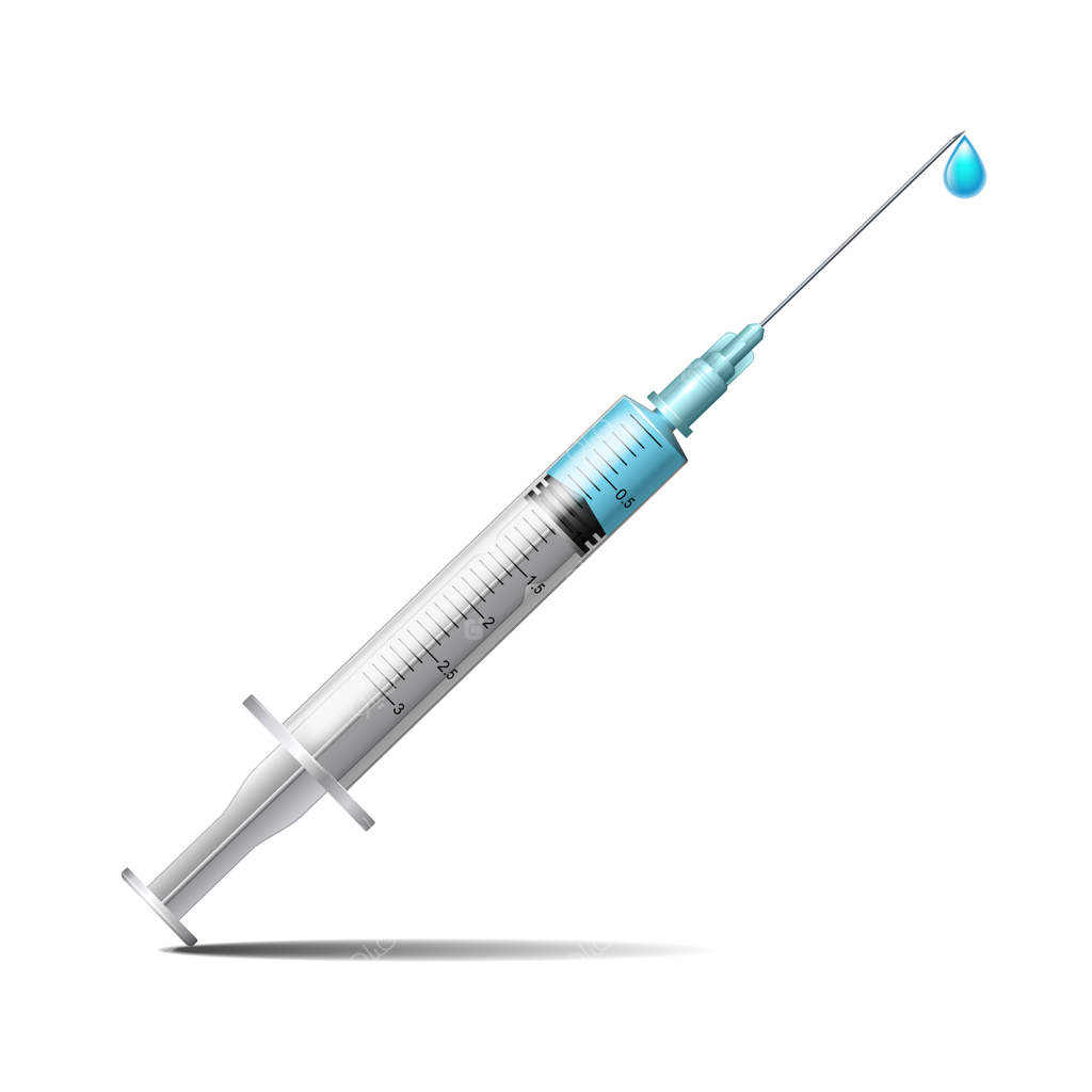 سرنگ با مایع آبی: سرنگ با سوزن برای تزریق داروی پزشکی و واکسن، مناسب برای مراقبت و درمان، با ظاهری واقعی روی پس‌زمینه سفید