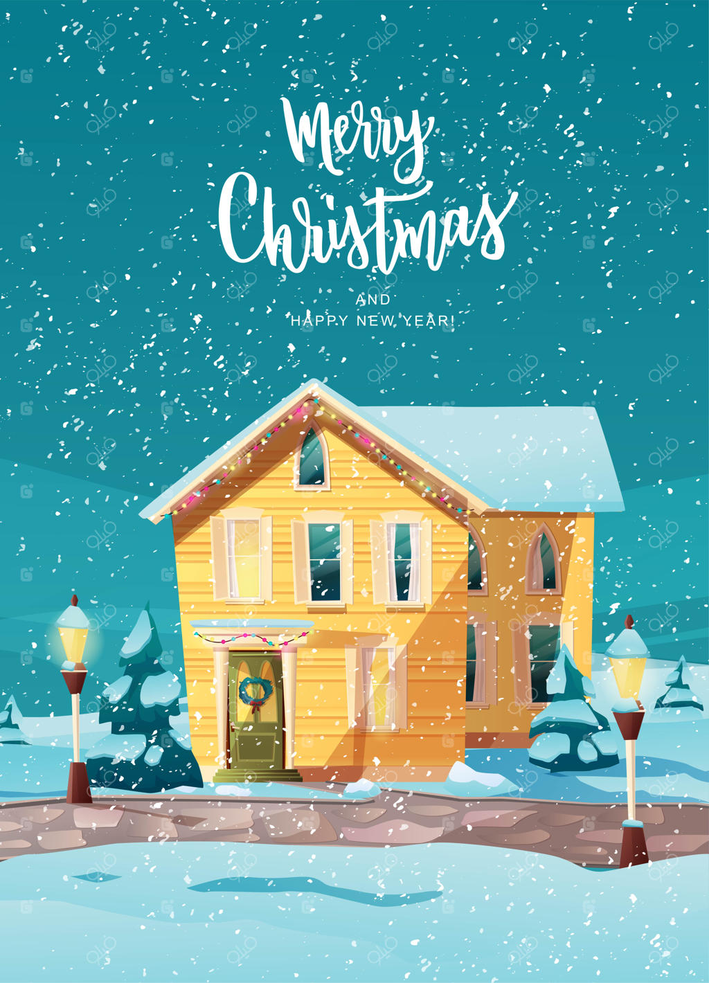 ساختمان‌های سبک ویکتوریایی با درخت کاج در حیاط و نور چراغ‌های کریسمس از پنجره‌ها