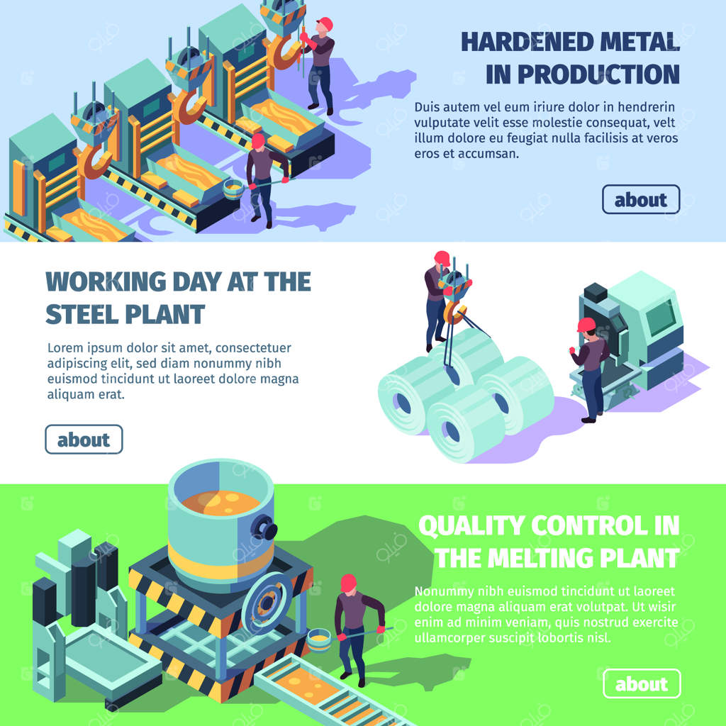 صنعت فلزی: قالب‌های تبلیغاتی تولید فولاد با فرآیندهای نصب لوله - تولید آهن با طراحی‌های رنگارنگ و مدرن
