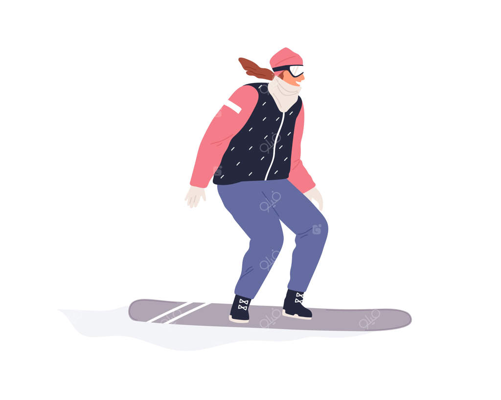 اسنوبرد سواری شاد: زنی که با هیجان در برف می‌لغزد و ورزش می‌کند. زن ورزشکار در تجهیزات زمستانی، با لبخند و هیجان در حال حرکت.