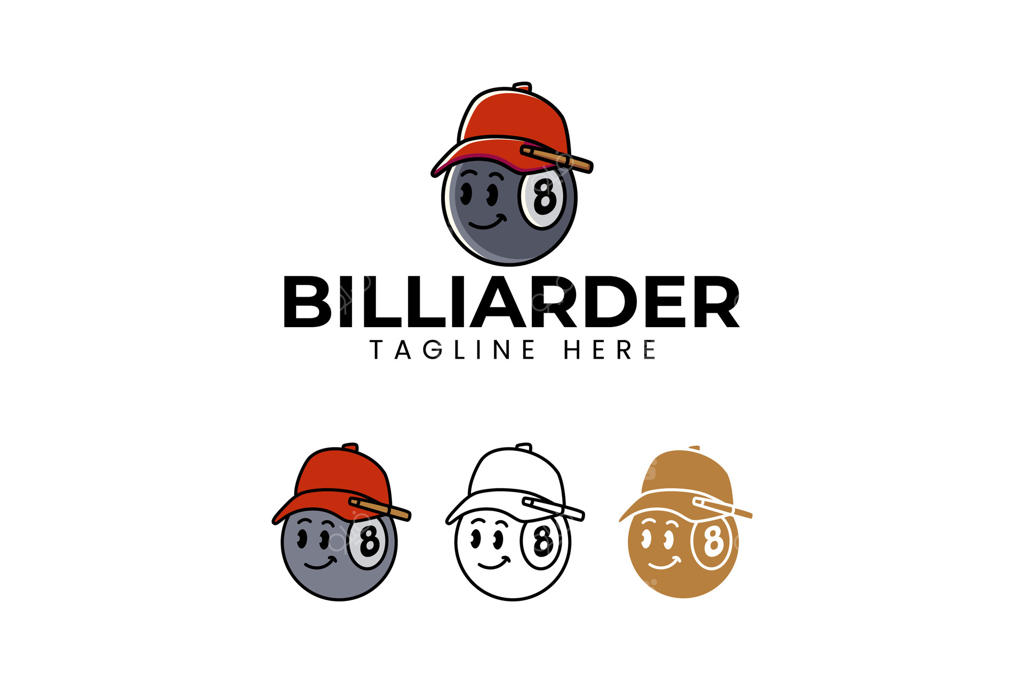 طراحی لوگوی نمادین توپ بیلیارد مشکی با کلاه. عنصر طراحی شخصیت توپ 8 بیلیارد با کلاه و چوب. لوگو و آیکون برای باشگاه و مسابقات ورزش بیلیارد و اسنوکر.