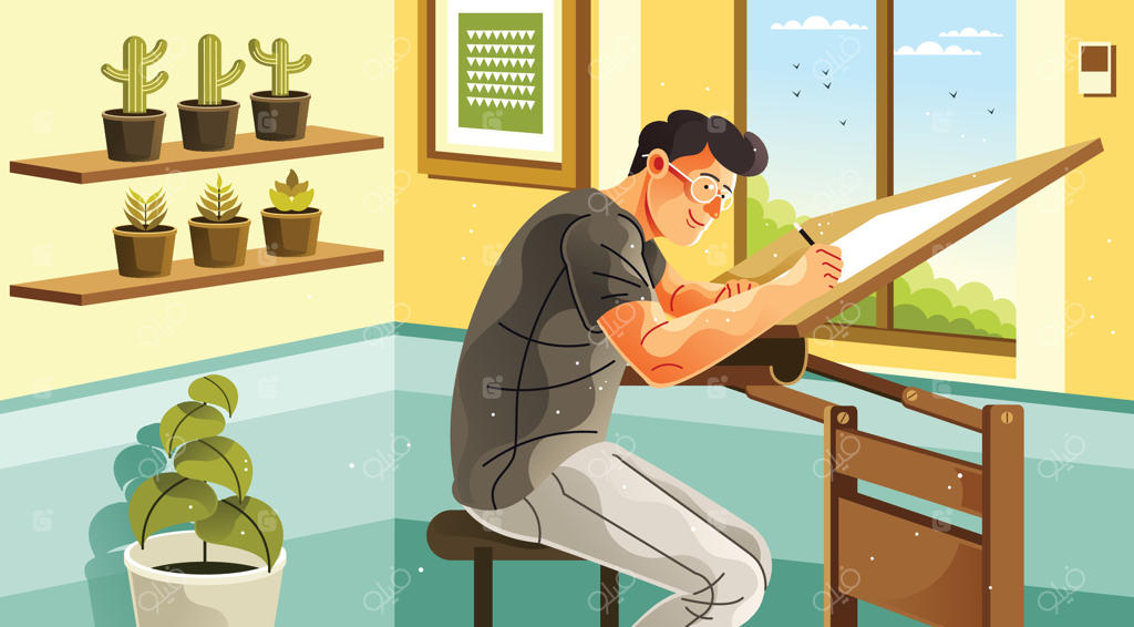 معمار جوان در حال طراحی پشت میز نقشه‌کشی در آتلیه