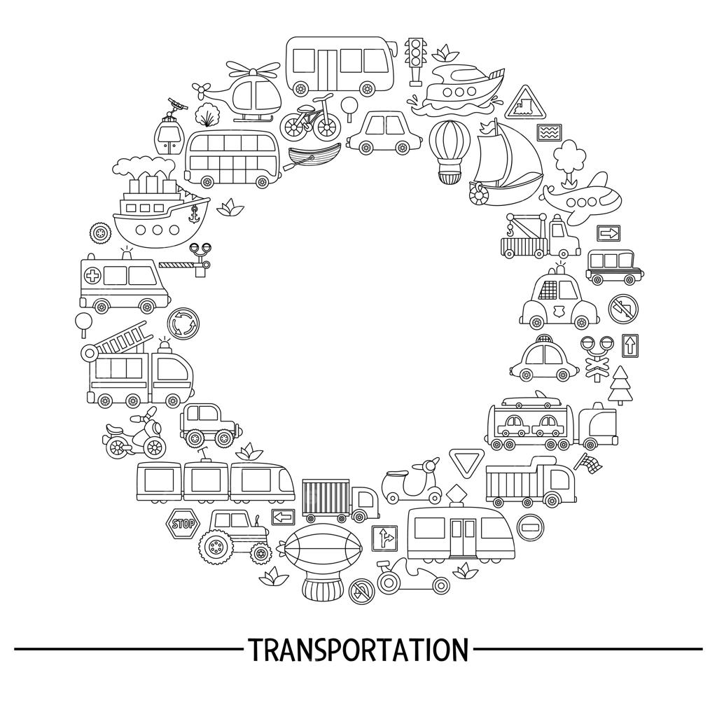 وکتور قاب گرد و سیاه و سفید وسایل نقلیه برای رنگ‌آمیزی؛ طرح خطی و بامزه شامل اتوبوس، ماشین، قایق، کامیون، دوچرخه و هواپیما مناسب برای کارت دعوت و بنر