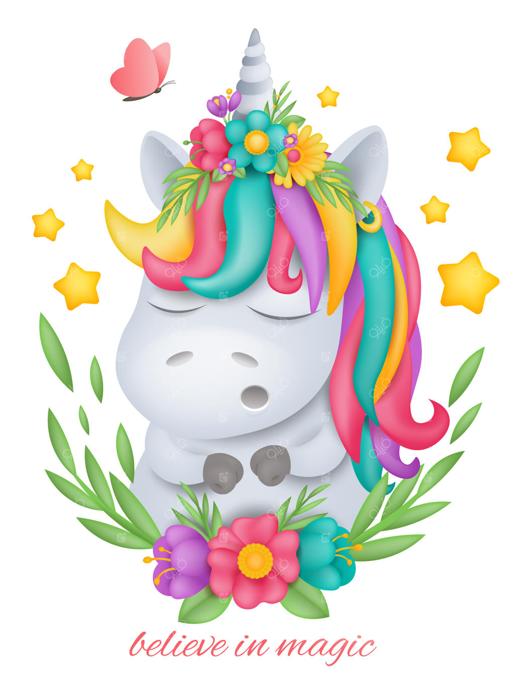 سر اسب تک‌شاخ سفید کارتونی در قاب گلدار دایره‌ای.