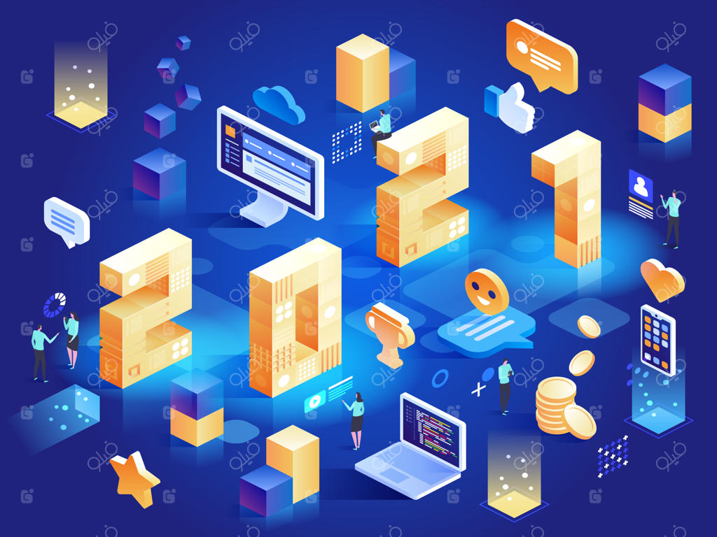 الگوی تبریک سال نو برای کارکنان شرکت: نمادهای محیط کاری مانند کامپیوتر، سود، داده، رشد شغلی، همکاران، دستیابی به اهداف. تصویرسازی شخصیت به صورت ایزومتریک.