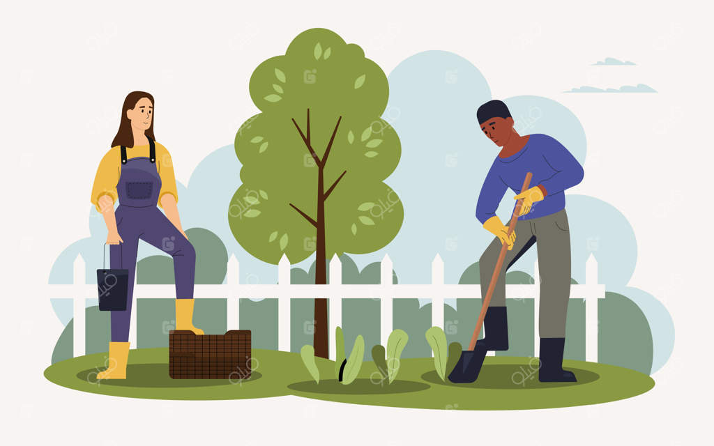 دو باغبان در باغی پر رونق مشغول همکاری هستند. کاشت و پرورش گیاهان مختلف در فصل بهار. تاکید بر کار تیمی و تعهد به شیوه‌های زیست‌محیطی. آنها محیطی پر رونق ایجاد می‌کنند.