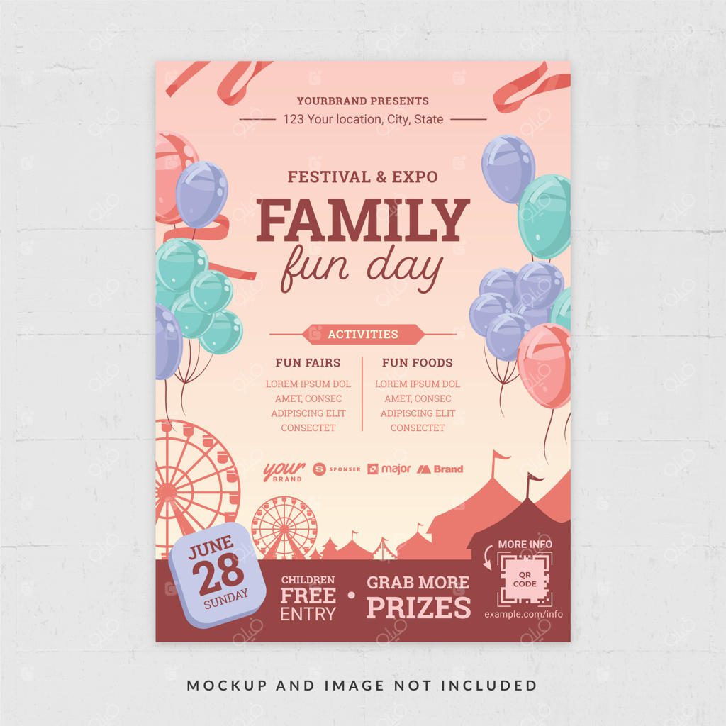 الگوی پوستر وکتور جشن خانوادگی با تم بادکنک‌های صورتی نسخه ۲