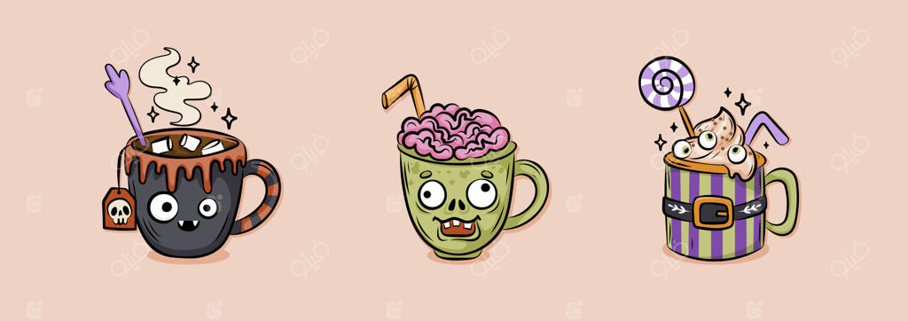 مجموعه‌ی بامزه و ترسناک هالووین با تصاویر لیوان‌های کارتونی در سبک طراحی دستی