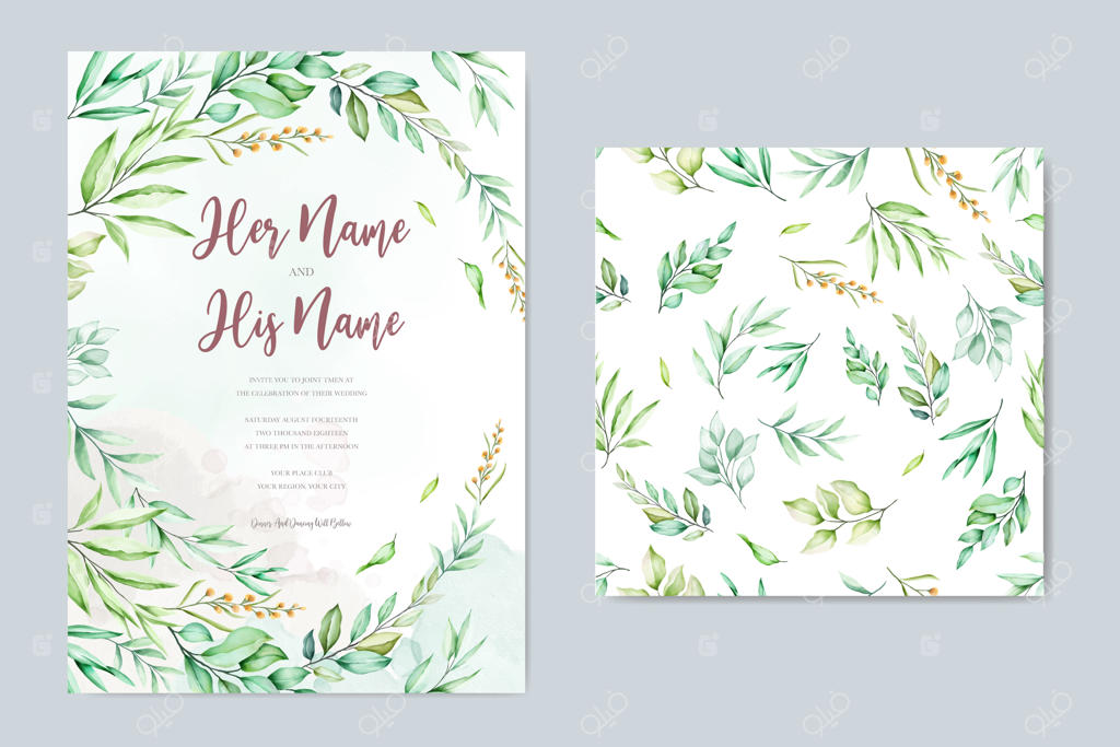 طراحی کارت دعوت عروسی با گل‌ها و برگ‌های آبرنگی