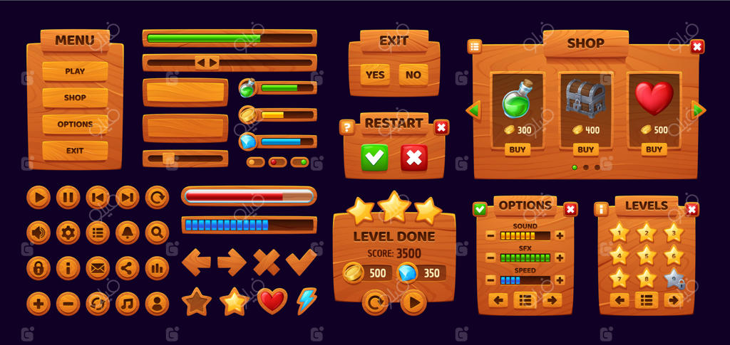 رابط کاربری بازی با طرح چوبی، دکمه‌ها و پنل‌ها