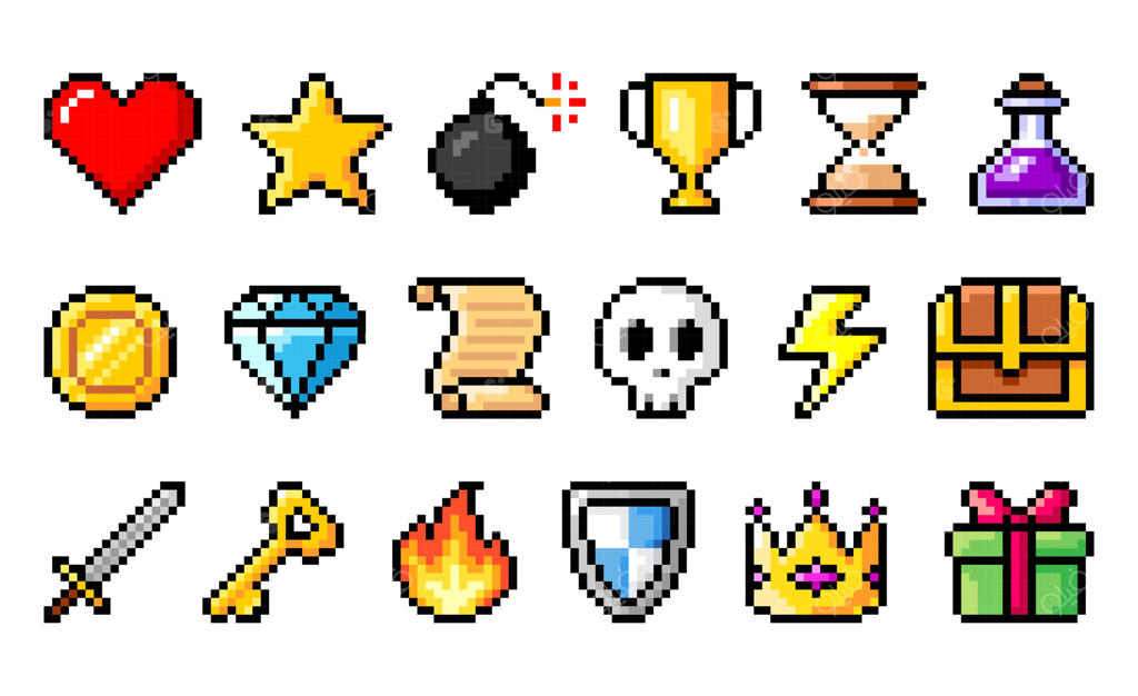 وکتور آیکون‌های پیکسل آرت رنگارنگ و حرفه‌ای گیمینگ
