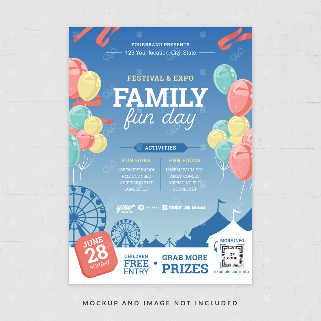 الگوی فلایر روز خانوادگی با تم آبی برای رویداد سرگرم‌کننده خانواده، نسخه 2 وکتور