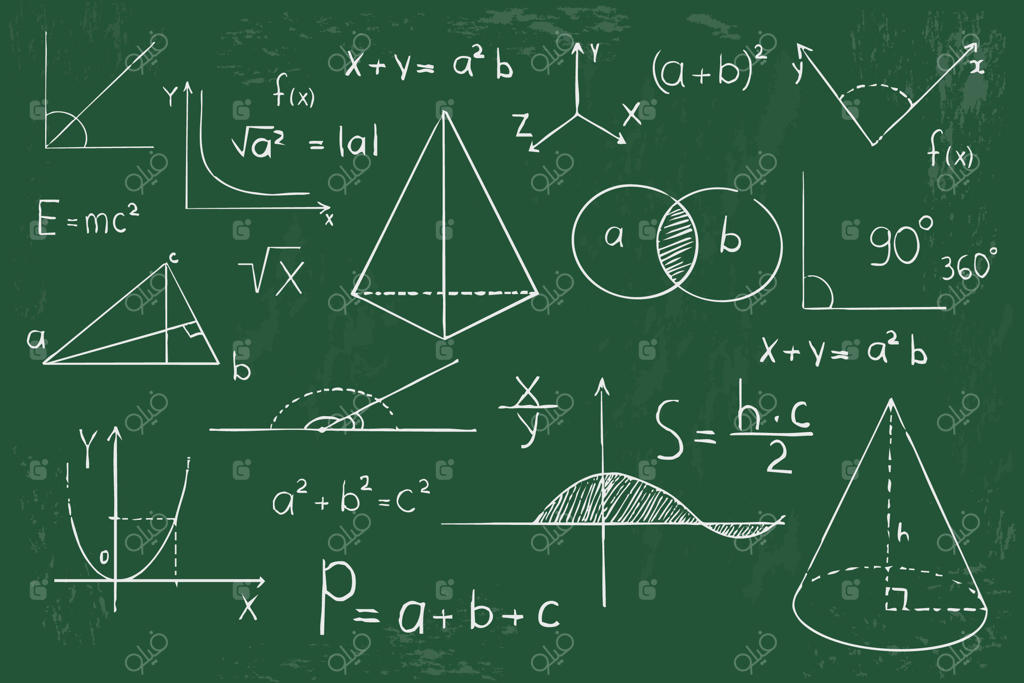 نمودارهای ریاضی و اشکال هندسی روی تخته سیاه: مجموعه‌ای از طراحی‌ها و فرمول‌های دست‌کشیده علمی و محاسباتی.
