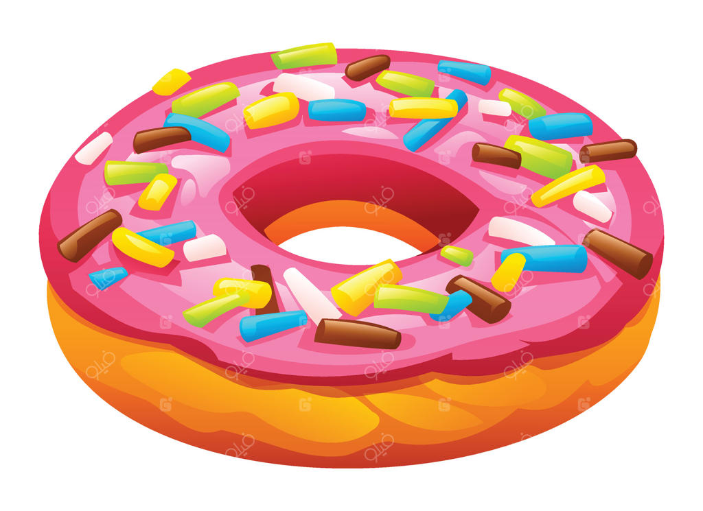 تصویر کارتونی دونات خوشمزه با لعاب صورتی توت‌فرنگی و تزیین شده با شکلات‌های رنگارنگ روی زمینه سفید