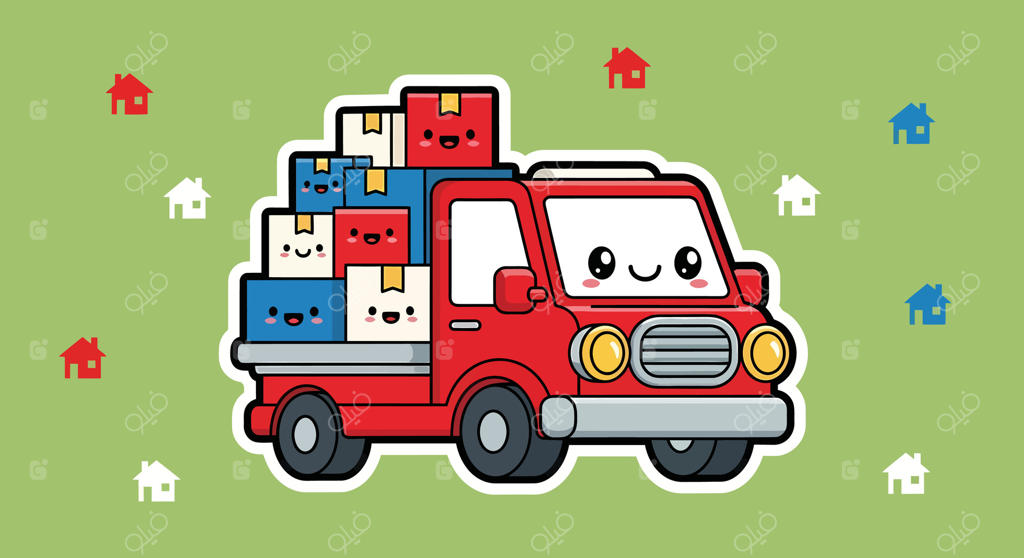 تصویرسازی کامیون حمل بار فانتزی با جعبه و خانه - اسباب‌کشی، حمل‌ونقل و املاک