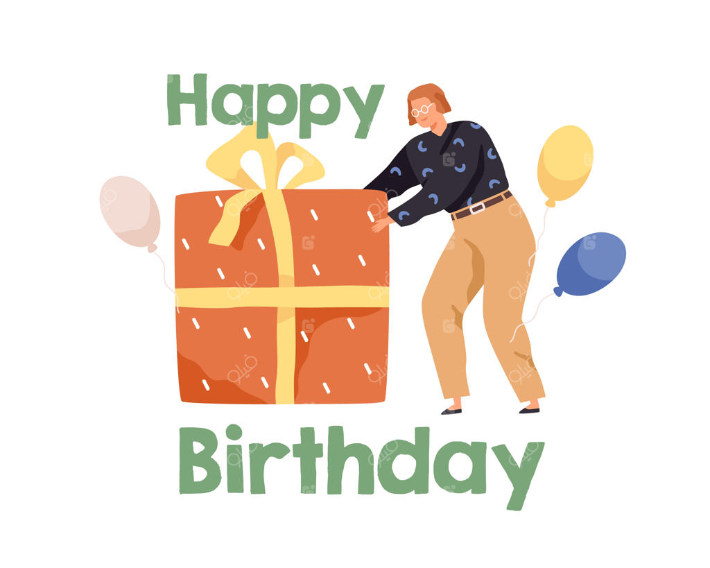 جشن تولد با مفهومی جدید: فردی در حال هدیه‌ دادن جعبه هدیه بزرگی‌ که در کاغذ رنگی بسته‌بندی شده است. زنی با بادکنک‌ها و کادوی بزرگی‌ با روبان و پاپیون. تصویرسازی وکتور رنگی روی زمینه سفید.