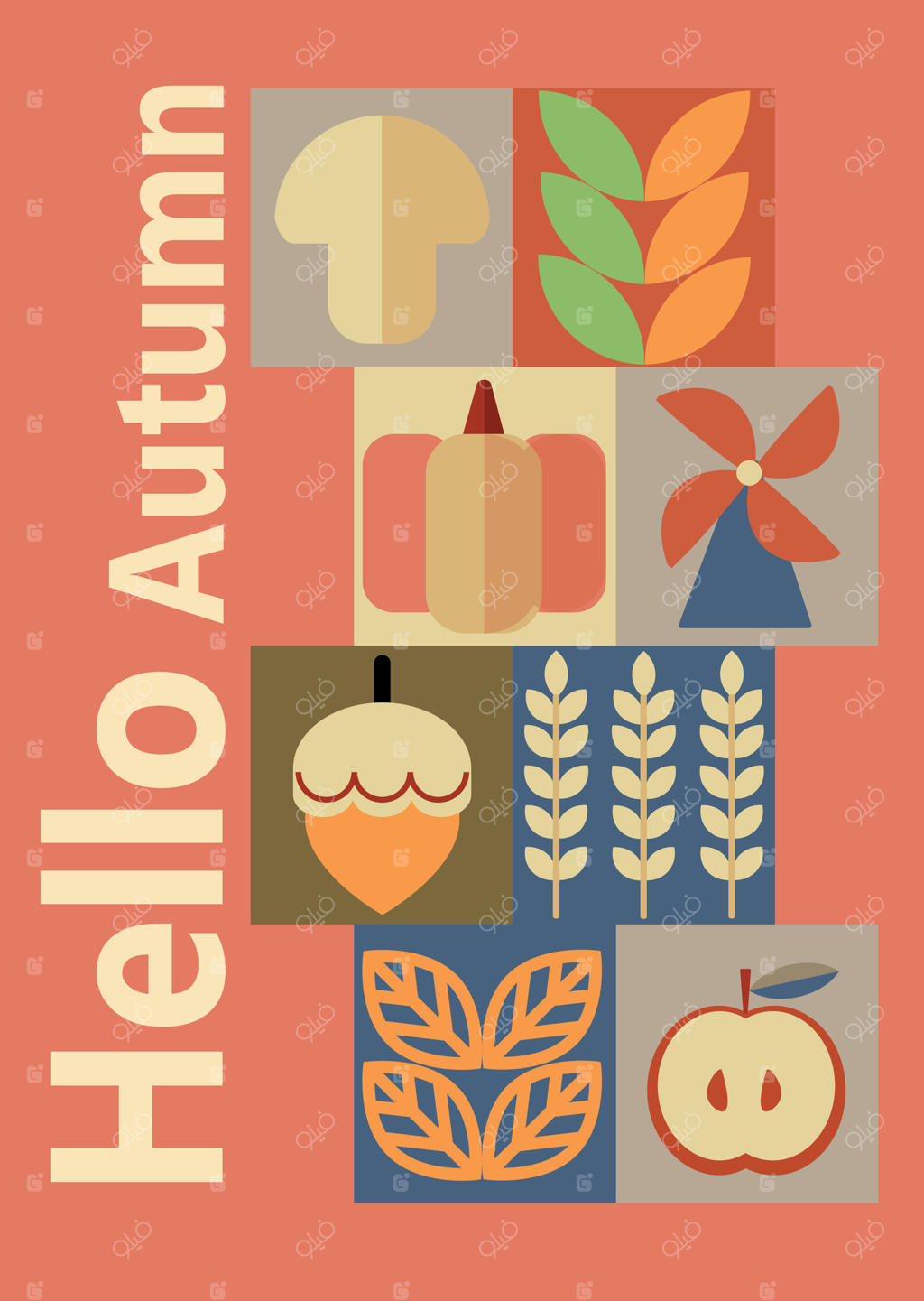 پوستری با عنوان سلام پاییز. مجموعه پوسترهای ساده پاییزه. مجموعه فلایرهای پاییزی با موزاییک اسکاندیناویایی. بنرهایی با عناصر پاییز در سبک باوهاوس. طراحی پوستر پاییزه.