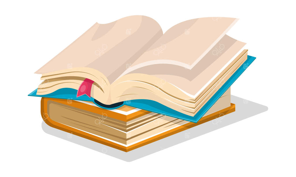 کتاب آبی باز با صفحات خالی و نشانگر صورتی روی کتاب آبی بسته قرار دارد.