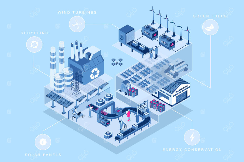 طراحی وب با مفهوم ایزومتریک تولید سبز سه‌بعدی. افراد در اتاق‌های ایزومتریک در کارخانه‌ای با پنل‌های خورشیدی، توربین‌های بادی و سوخت‌های سبز کار می‌کنند؛ منطقه‌ای برای حفظ انرژی. تصویر سازی.